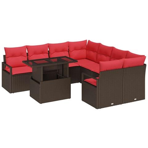 Set Divano da Giardino 9 pcs Marrone e Rosso polyrattan - Foto 1