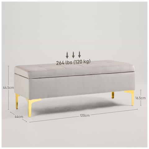 Panca Contenitore Fondo Letto Con Tessuto Vellutato E Gambe Dorate, 120x44x44.5cm, Grigio Chiaro - Foto 2