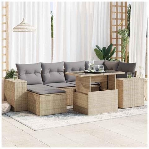 Set Divani Da Giardino 7 Pz Con Cuscini Beige In Polyrattan - Foto 1