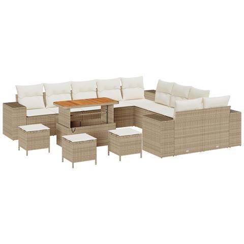 Set di divani da giardino  da 14 pezzi con cuscini beige polyrattan acacia, Set da pranzo da giardino  da 4 pezzi con cuscini beige polyrattan acacia - Foto 1