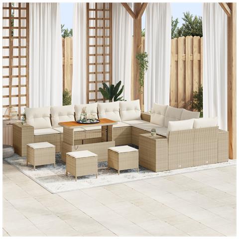 Set di divani da giardino  da 14 pezzi con cuscini beige polyrattan acacia, Set da pranzo da giardino  da 4 pezzi con cuscini beige polyrattan acacia - Foto 2