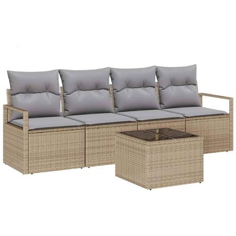 Set di divani da giardino a 5 pezzi con cuscini beige polyrattan, Divano da giardino a 2 posti con cuscini beige polyrattan - Foto 1