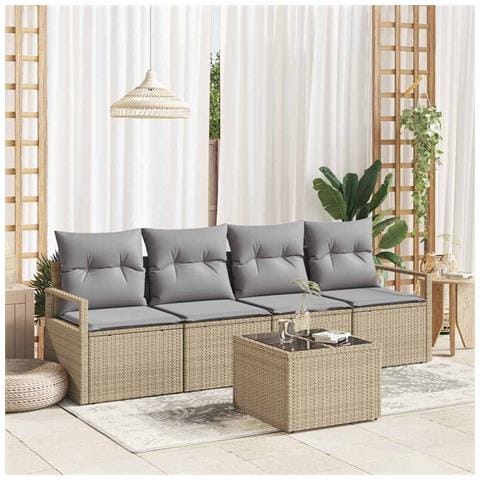 Set di divani da giardino a 5 pezzi con cuscini beige polyrattan, Divano da giardino a 2 posti con cuscini beige polyrattan - Foto 2