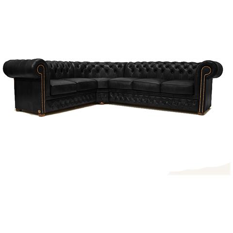 Divano Chesterfield Ad Angolo Chesterfield First Class - 2 Angolo 3 - Nero Opaco - Pelle - Foto 1