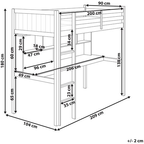 Letto Matrimoniale Alto Con Scrivania Legno Di Pino Foucamont 90 X 200 Cm Bianco - Foto 8