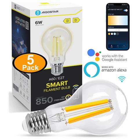 Lampadina Smart Vintage Wifi E27 A60 6w Alexa Google Dimmerabile 5pezzi - Foto 1