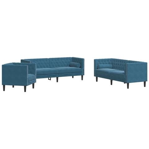 Set Divani Chesterfield 3pz con Cuscini Blu Velluto - Foto 1