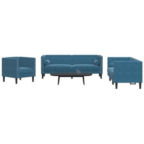 Set Divani Chesterfield 3pz con Cuscini Blu Velluto - Foto 2