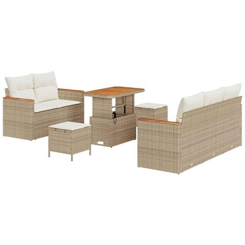 Set Divano da Giardino Beige con Cuscini 8 Pezzi Rattan Poliestere Acacia, Set da Pranzo da Giardino 3 Pezzi con Cuscini Beige Rattan Poliestere Acacia - Foto 1