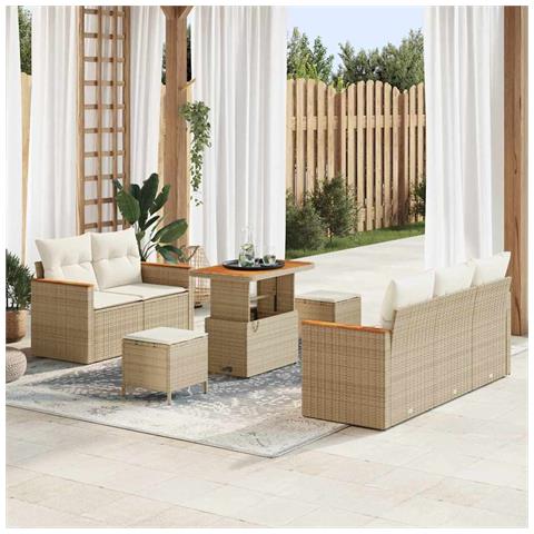 Set Divano da Giardino Beige con Cuscini 8 Pezzi Rattan Poliestere Acacia, Set da Pranzo da Giardino 3 Pezzi con Cuscini Beige Rattan Poliestere Acacia - Foto 2
