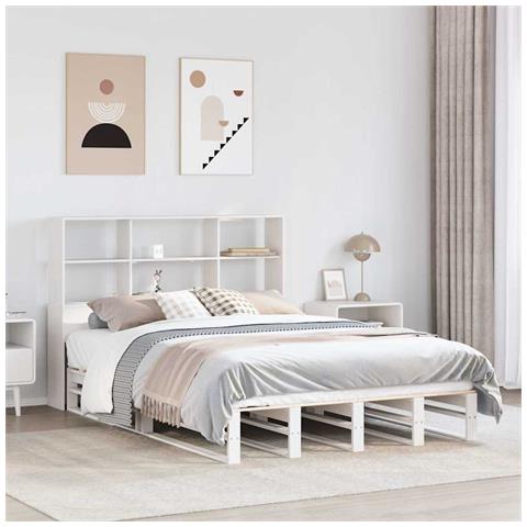 Letto Libreria senza Materasso Bianco 140x190 cm Legno Massello - Foto 2