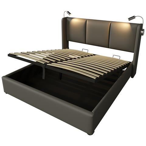 Letto Matrimoniale Con Luce E Usb In Pu Grigio, Design Funzionale - Foto 2
