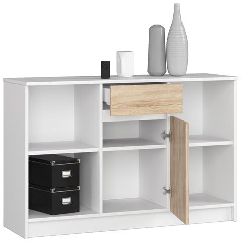 Cassettiera B17, 1 anta e 1 cassetto, 120x40x77 cm, Colore Bianco e Sonoma Quercia - Foto 2