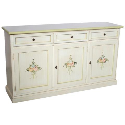 Credenza 3 Porte Legno Shabby Bianco Anticato Decori Verdi 156x42x86 - Foto 1