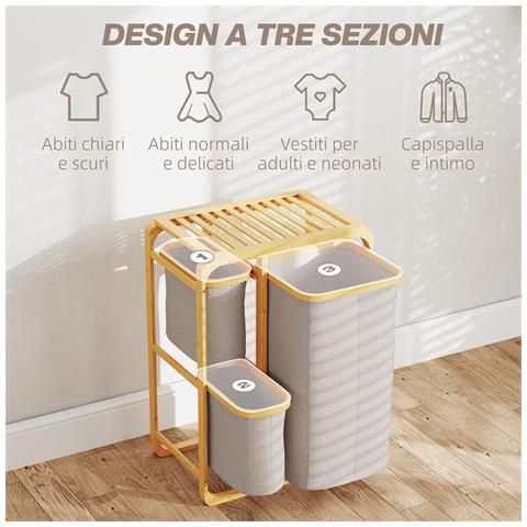 Cestino Portabiancheria in Bambù con 3 Sacchi e Ripiani Estraibili in Tessuto, 50x32x69.7 cm, color Bambù e Crema - Foto 2