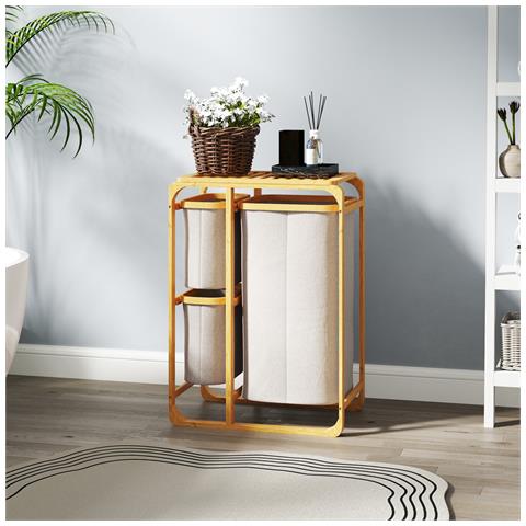 Cestino Portabiancheria in Bambù con 3 Sacchi e Ripiani Estraibili in Tessuto, 50x32x69.7 cm, color Bambù e Crema - Foto 6