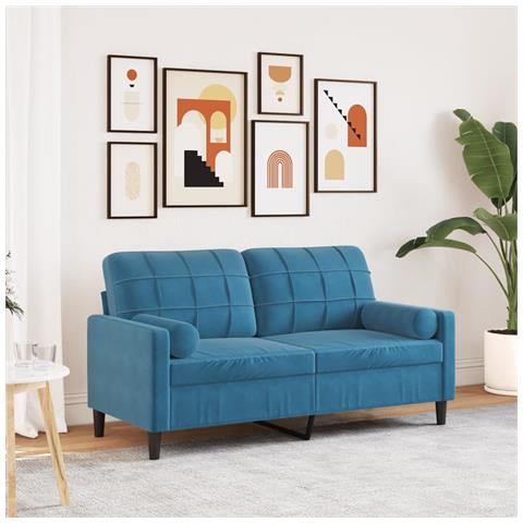 Divano A 2 Posti Con Cuscini Blu 140 Cm In Velluto - Foto 1