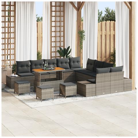 Set di divani da giardino  da 14 pezzi con cuscini Grigio Polirattan Acacia, Divano da giardino  da 2 posti con cuscini Grigio Polirattan, Set da pranzo da giardino  da 4 pezzi con cuscini Grigio Polirattan Acacia - Foto 2