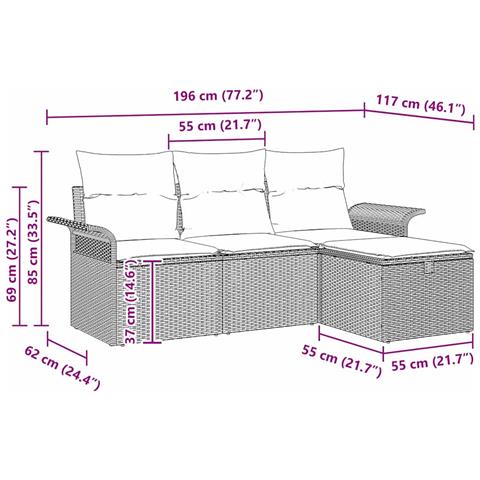 Set Divani da Giardino a 4 Pezzi con Cuscini in Polyrattan Grigio Chiaro - Foto 9