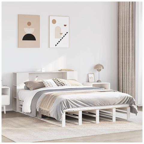 Letto Libreria senza Materasso Bianco 140x190 cm Legno Massello - Foto 2