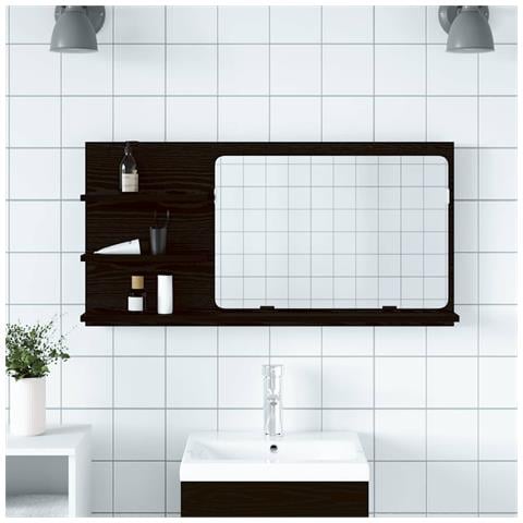 Mobiletto con Specchio per Bagno Rovere Nero 90x11x45 cm in Legno Massello - Foto 2