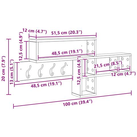 Appendiabiti a muro rovere artigianale 100 x 12 x 43.5 cm - Foto 9