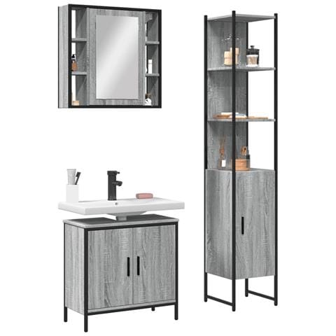 Set Mobili da Bagno 3 pz Grigio Sonoma in Legno Multistrato - Foto 2