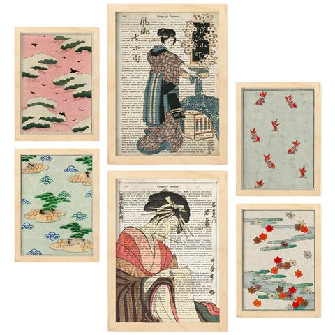 Set Di 6 Stampe Collezione Di Piatti Dal Giappone Con Collage Estetico Per La Decorazione D'interni A3 & A4 Telaio In Legno Chiaro - Foto 1