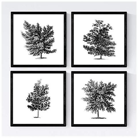 Set Di 4 Stampe Fogli Di Alberi Alberi Schifosi Di Carta Bianca Del Poster Della Priorità Bassa E Inchiostri Di Alta Qualità Senza Cornice 30x30 Cm - Foto 1