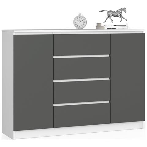 Cassettiera K140, 2 ante e 4 cassetti, 138x40x99 cm, Colore Bianco e Grigio Grafite - Foto 1
