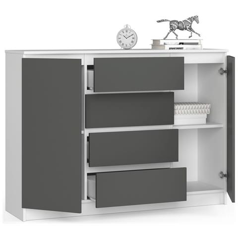 Cassettiera K140, 2 ante e 4 cassetti, 138x40x99 cm, Colore Bianco e Grigio Grafite - Foto 2