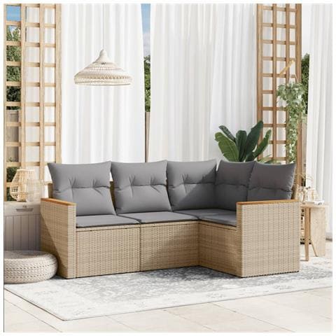 Set Divano Da Giardino 4 Pz Con Cuscini Beige In Polyrattan - Foto 1