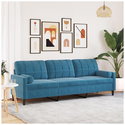 Divano A 3 Posti Con Cuscini Blu 210 Cm In Velluto - Foto 1