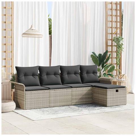 Set di divani da giardino a 5 pezzi con cuscini grigio chiaro in polyrattan - Foto 2