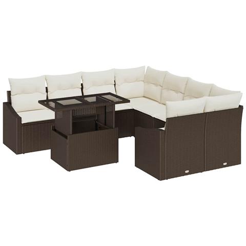 Set di divani da giardino in 9 pezzi con cuscini in polyrattan marrone - Foto 1