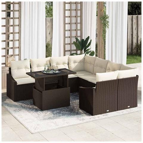 Set di divani da giardino in 9 pezzi con cuscini in polyrattan marrone - Foto 2