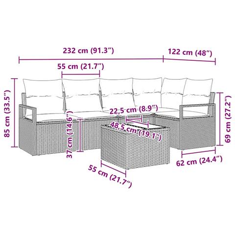 Set Divano da Giardino con Cuscini 6 Pezzi Rattan Polvere Marrone, Divano da Giardino a 2 Posti con Cuscini Rattan Polvere Beige - Foto 9