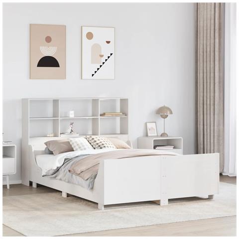 Letto Libreria senza Materasso Bianco 140x190 cm Legno Massello - Foto 2