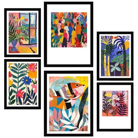 Set Di 6 Stampe Dipinto Decorativo Dai Toni Gialli E Rossi Di Matisse, Colori Forti Incorniciati Con Illustrazioni Per Le Pareti A3 & A4 Cornice Nera - Foto 1