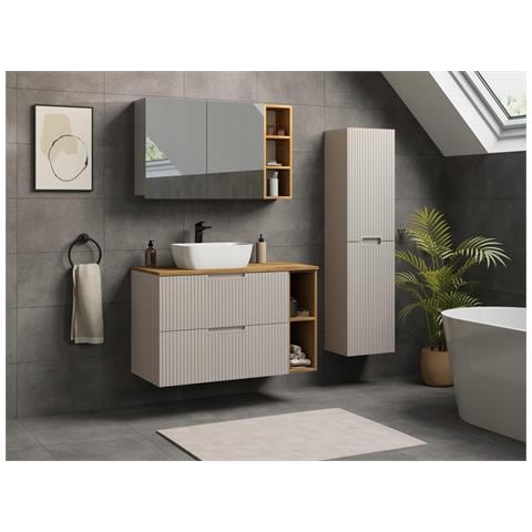 Mobile sottolavabo da 80 cm color cashmere, Lavabo sospeso, Piano di lavoro effetto marmo bianco, Ripiano bianco - Foto 5