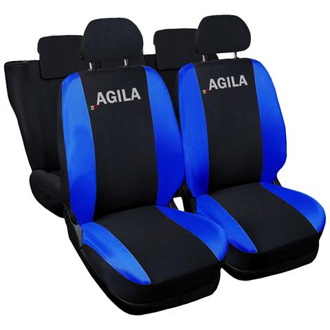 Coprisedili Auto Compatibili Per Agila, Made In Italy, Set Di Copri Sedili Anteriori E Posteriori Con Copri Poggiatesta Incluso, Tessuto Poliestere, Colore - Nero \blu Royal - Foto 1