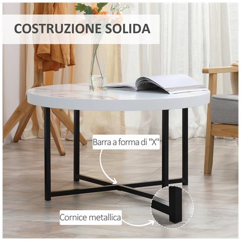Tavolino Da Caffè Rotondo Con Piano Effetto Marmo In Mdf E Gambe In Metallo, ?80x45 Cm, Bianco - Foto 2