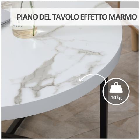 Tavolino Da Caffè Rotondo Con Piano Effetto Marmo In Mdf E Gambe In Metallo, ?80x45 Cm, Bianco - Foto 6