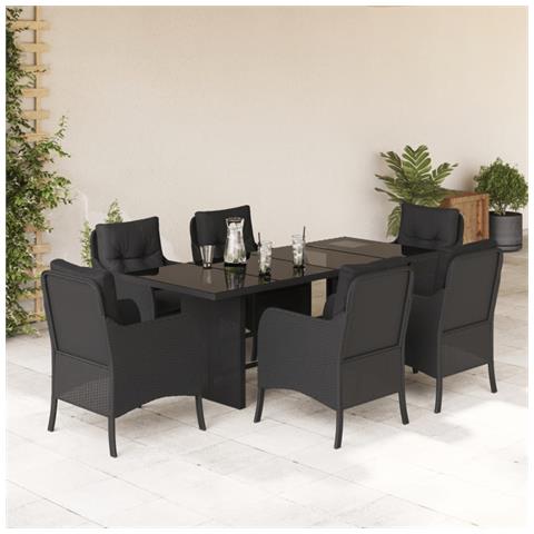 Set Da Pranzo Da Giardino 7 Pz Nero Con Cuscini In Polyrattan - Foto 1