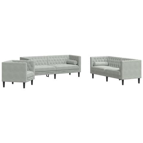 Set Divani Chesterfield 3pz con Cuscini Grigio Chiaro Velluto - Foto 1