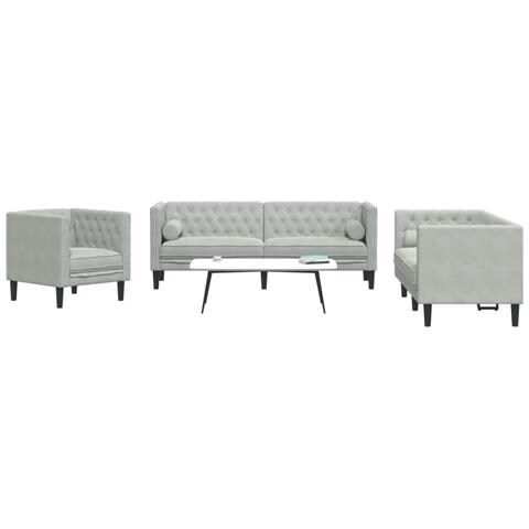 Set Divani Chesterfield 3pz con Cuscini Grigio Chiaro Velluto - Foto 2