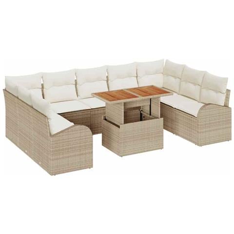 Set da Pranzo da Giardino da 10 Pezzi con Cuscini Beige Polyrattan Acacia - Foto 1