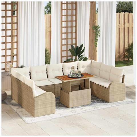 Set da Pranzo da Giardino da 10 Pezzi con Cuscini Beige Polyrattan Acacia - Foto 2
