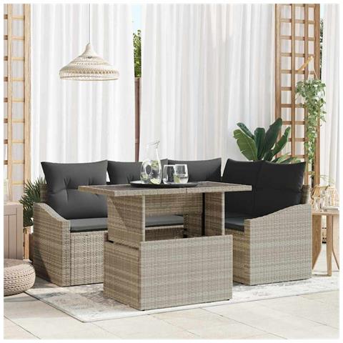Set di divani da giardino a 5 pezzi con cuscini grigio chiaro in rattan sintetico - Foto 2