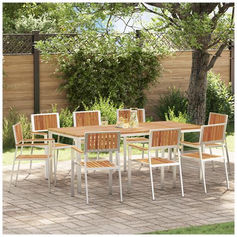 Set da pranzo  9 pezzi in legno massello di acacia, Tavolo da pranzo all'aperto  200x90x74.5 cm in legno massello di acacia, Sedie da giardino impilabili  4 pezzi in legno massello di acacia e metallo - Foto 2